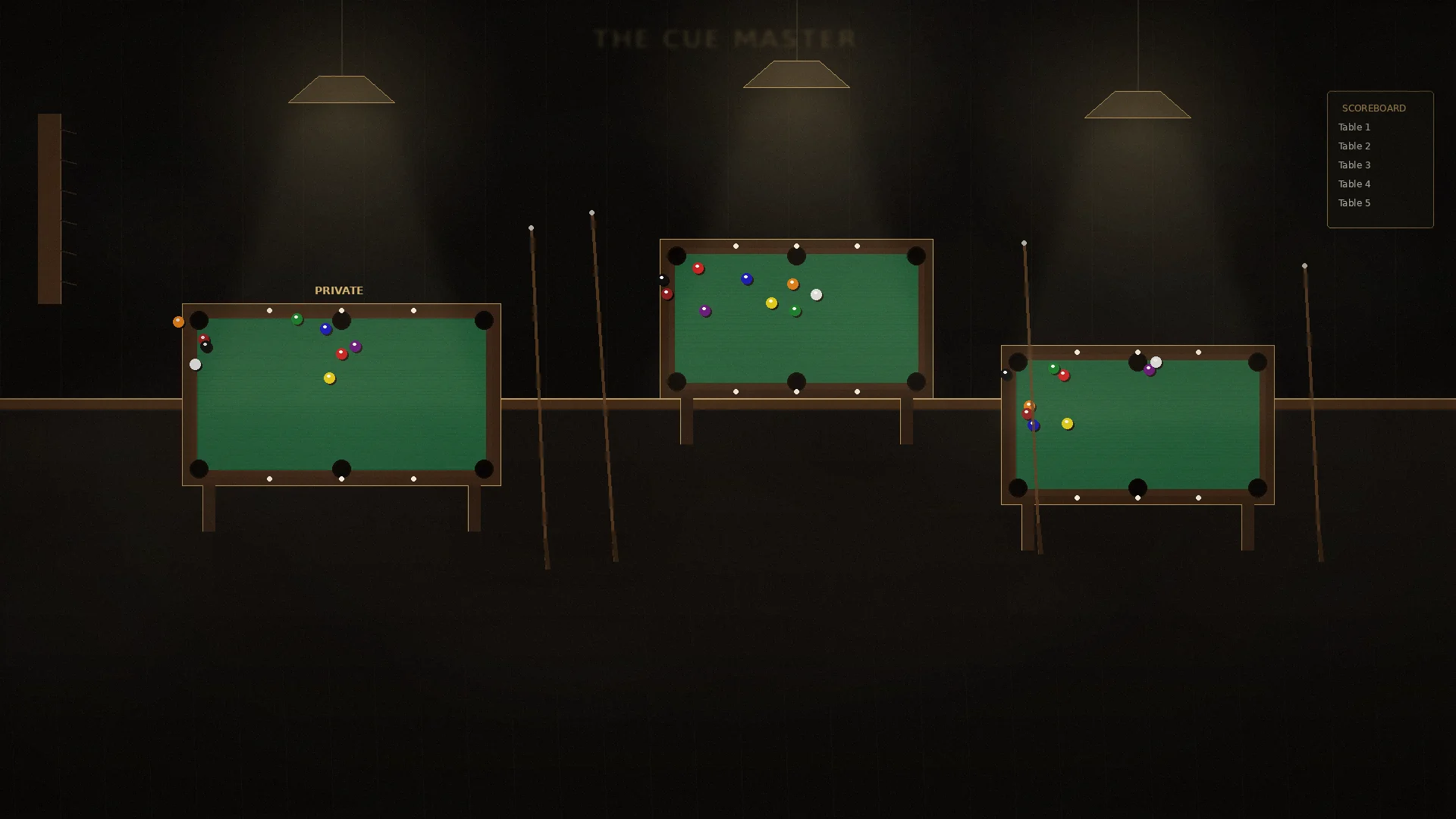 The Cue Master with exactly three pool tables: one private and two common